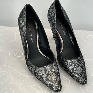 Donald‎ Pliner Black & Silver Brocade Pointed-Toe Heels Size 10M Womens Shoes